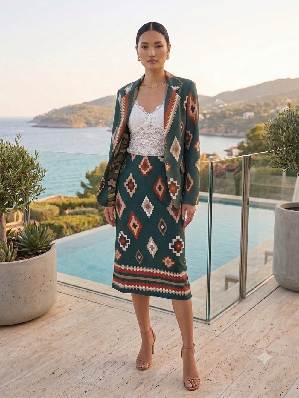 Vintage Pendleton-style Aztec Print Blazer and Skirt Set in Forest Green & Rust
